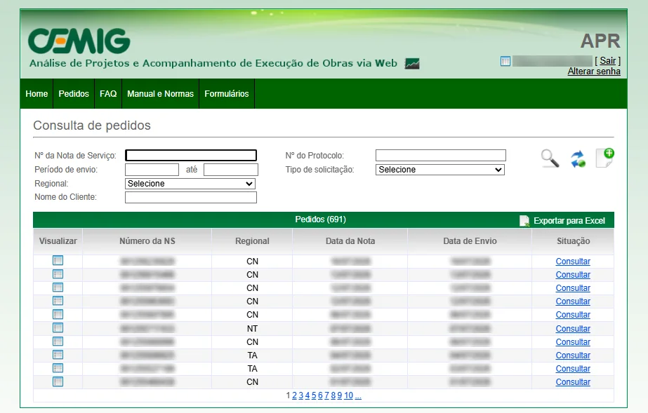 Print real do sistema APR da Cemig com consulta de pedidos