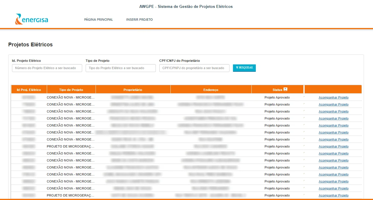 Print real do sistema AWGPE da Energisa com projetos elétricos aprovados